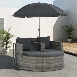 Festnight Polyrattan Gartensofa 2-Sitzer mit Sonnenschirm und Fusshocker  | Polyrattan Gartensofa 2-Sitzer   | Sonneninsel Rattansofa